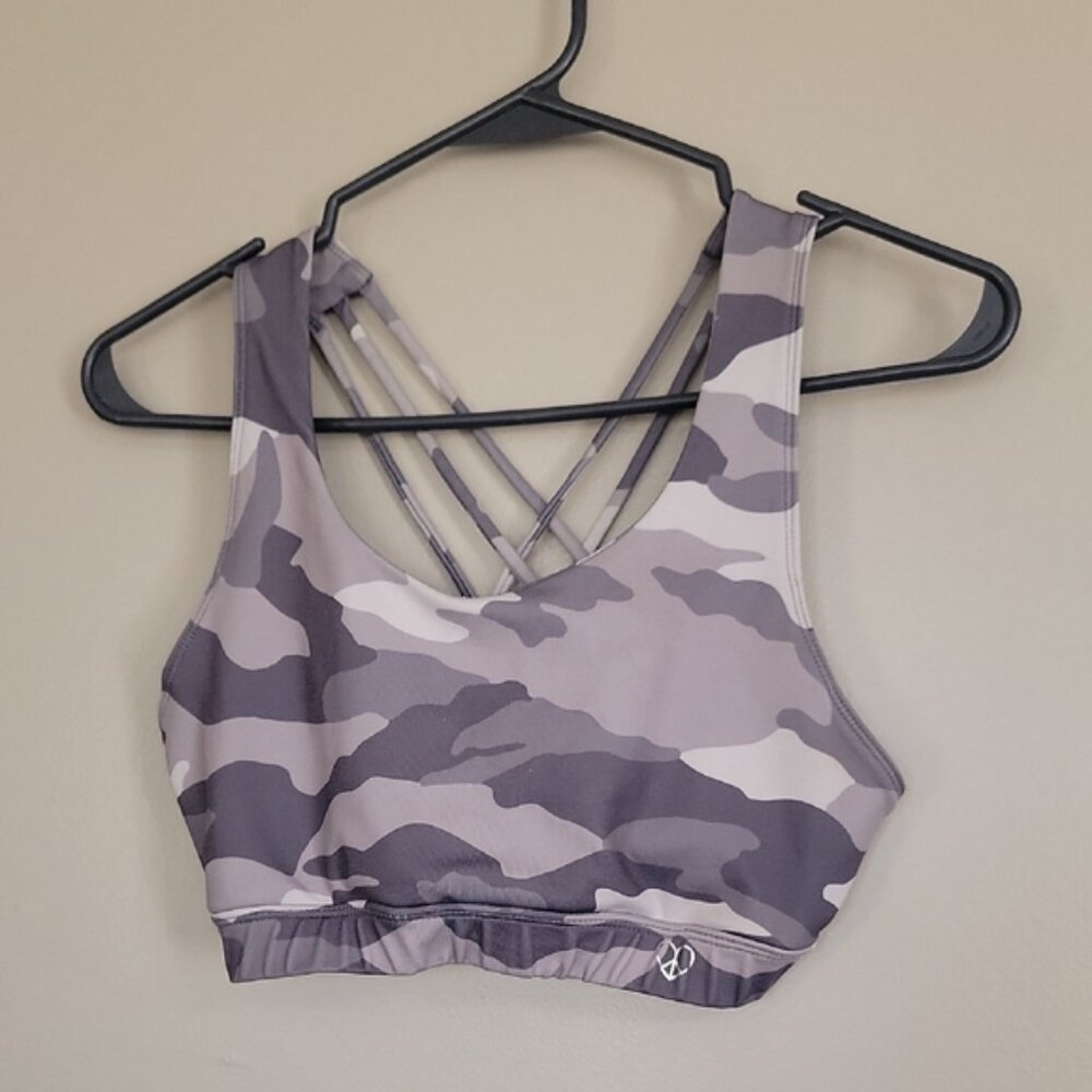 Embrace Your Love Gray Camo Sports Bra With Strappy Back Size M